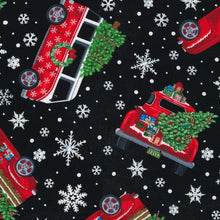 Load image into Gallery viewer, Christmas Holiday Snowflakes Christmas Tree in Red Truck Black Fabric Unisex Medical Surgical Scrub Caps Men & Women Tie Back and Bouffant Hat Styles