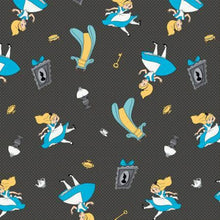 Load image into Gallery viewer, Alice in Wonderland Black Fabric Unisex Medical Surgical Scrub Caps Men & Women Tie Back and Bouffant Hat Styles