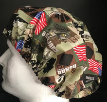 Load image into Gallery viewer, Patriotic Military US Army Strong Courage Fabric Unisex Medical Surgical Scrub Caps Men & Women Tie Back and Bouffant Hat Styles