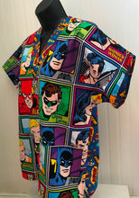 Load image into Gallery viewer, Size Small Justice League Medical Scrub Top 2 Tone Fabric Pow VNeck & Backing Fabric Unisex Style Men & Women
