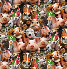 Load image into Gallery viewer, Solid Black Scrub Top with Cute Farm Animals Barnyard Selfies Fabric on *Neck Band & Pocket Options* Medical Scrub Top Unisex Style Shirt for Men & Women