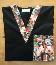 Load image into Gallery viewer, Solid Black Scrub Top with Farm Animals Barnyard Selfies Fabric on *Neck Band & Pocket Options* Medical Scrub Top Unisex Style Shirt for Men & Women