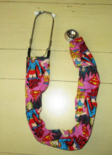 Load image into Gallery viewer, Superhero Girl Power Wonder Woman Bat Woman Super Girl Pink Fabric Stethoscope sock cover for Medical Professionals