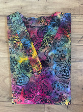 Load image into Gallery viewer, Day of the Dead Medical Scrub Top Batik Tonga Bright Rainbow Sugar Candy Skull Unisex Style for Men & Women