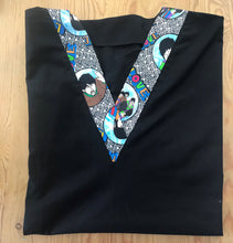 Load image into Gallery viewer, Solid Black Scrub Top with Beatles Music Fabric on *Neck Band & Pocket Options* Medical Scrub Top Unisex Style Shirt for Men & Women