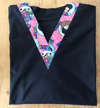 Load image into Gallery viewer, Solid Black Scrub Top with Beatles Music Fabric on *Neck Band & Pocket Options* Medical Scrub Top Unisex Style Shirt for Men & Women