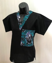 Load image into Gallery viewer, Solid Black Scrub Top with Black Panther Fabric on *Neck Band & Pocket Options* Medical Scrub Top Unisex Style Shirt for Men & Women