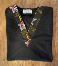 Load image into Gallery viewer, Solid Black Scrub Top with Pittsburg Pirates Baseball Fabric on *Neck Band & Pocket Options* Medical Scrub Top Unisex Style Shirt for Men & Women