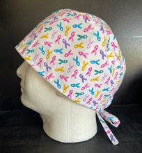 Load image into Gallery viewer, Cancer Awareness Multi Color Ribbons Rainbow Fabric Unisex Medical Surgical Scrub Caps Men & Women Tie Back and Bouffant Hat Styles