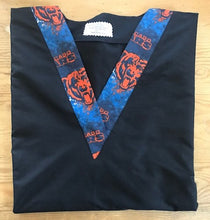 Load image into Gallery viewer, Solid Black Scrub Top with Chicago Bears Football Fabric on *Neck Band & Pocket Options* Medical Scrub Top Unisex Style Shirt for Men & Women