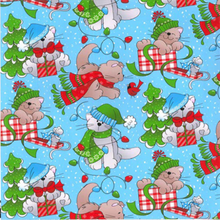 Load image into Gallery viewer, Merry Christmas Cute Playful Kitty Cat Presents Blue Fabric Unisex Medical Surgical Scrub Caps Men & Women Tie Back and Bouffant Hat Styles