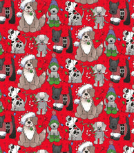 Load image into Gallery viewer, Christmas Holidays Santa Puppy Dogs with a Shimmer of Glitter Red Fabric Unisex Medical Surgical Scrub Caps Men & Women Tie Back and Bouffant Hat Styles