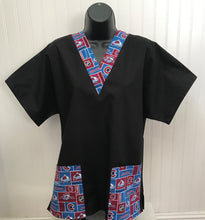 Load image into Gallery viewer, Solid Black Scrub Top with COLORADO AVALANCHE Hockey Fabric on *Neck Band & Pocket Options* Medical Scrub Top Unisex Style Shirt for Men & Women