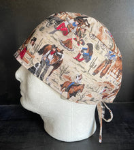 Load image into Gallery viewer, Country Western Cowgirls Fabric Unisex Medical Surgical Scrub Caps Men & Women Tie Back and Bouffant Hat Styles