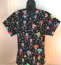 Load image into Gallery viewer, Day of the Dead Medical Scrub Top Folkloric Sugar Candy Skull Dancing Unisex Style for Men & Women