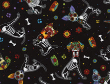 Load image into Gallery viewer, Solid Black Scrub Top with Dog Day of the Dead Skeleton Fabric on *Neck Band & Pocket Options* Medical Scrub Top Unisex Style Shirt for Men & Women