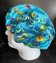 Load image into Gallery viewer, Nautical Under the Sea Tropical Fish Dolphins Unisex Medical Surgical Scrub Caps Men & Women Tie Back and Bouffant Hat Styles