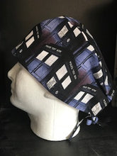 Load image into Gallery viewer, BBC Doctor Who Show POLICE PACKED TARDIS DR WHO Fabric Unisex Medical Surgical Scrub Caps Men & Women Tie Back and Bouffant Hat Styles