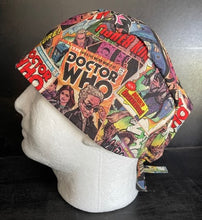 Load image into Gallery viewer, BBC Doctor Who Show COMIC BOOK TIME FOR ADVENTURE DR WHO Fabric Unisex Medical Surgical Scrub Caps Men & Women Tie Back and Bouffant Hat Styles