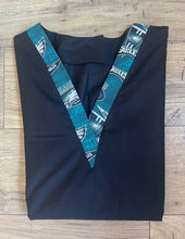 Load image into Gallery viewer, Solid Black Scrub Top with Philadelphia Eagles Pennants Football Pennants Fabric on *Neck Band & Pocket Options* Medical Scrub Top Unisex Style Shirt for Men & Women