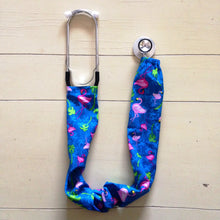 Load image into Gallery viewer, Pink Flamingo & Palm Trees Blue Fabric Medical Stethoscope sock cover for Medical Professionals