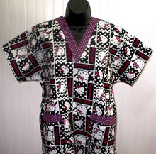 Load image into Gallery viewer, White Kitty Purple Black 2 Tone Fabric Chevron Back Fabric Nurse Medical Scrub Top Unisex Style for Men & Women