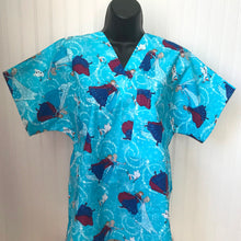 Load image into Gallery viewer, Frozen Medical Scrub Top Sisters Elsa & Anna Olaf Ice Skating Shimmer of Glitter Unisex Style for Men & Women