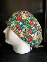 Load image into Gallery viewer, Beauty and the Beast Beautiful Stained Glass Window Tiles Fabric Unisex Medical Surgical Scrub Caps Men & Women Tie Back and Bouffant Hat Styles