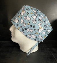 Load image into Gallery viewer, Peanuts Characters Snoopy Woodstock Gray Fabric Unisex Medical Surgical Scrub Caps Men & Women Tie Back and Bouffant Hat Styles