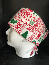Load image into Gallery viewer, Merry Christmas Greetings Red Green White Fabric Unisex Medical Surgical Scrub Caps Men & Women Tie Back and Bouffant Hat Styles