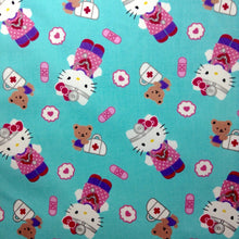 Load image into Gallery viewer, White Kitty Medical Themed Aqua Fabric Unisex Medical Surgical Scrub Caps Men & Women Tie Back and Bouffant Hat Styles