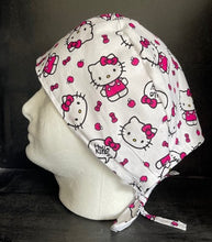 Load image into Gallery viewer, White Kitty Fabric Unisex Medical Surgical Scrub Caps Men & Women Tie Back and Bouffant Hat Styles