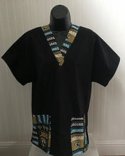 Load image into Gallery viewer, Solid Black Scrub Top with Jacksonville Jaguars Football Fabric on *Neck Band & Pocket Options* Medical Scrub Top Unisex Style Shirt for Men & Women