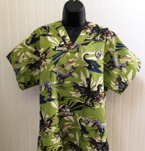 Load image into Gallery viewer, Jurassic World Medical Scrub Top Prehistoric Dinosaurs Green Unisex Style for Men & Women