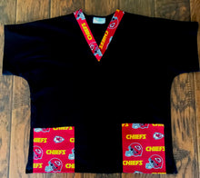Load image into Gallery viewer, Solid Black Scrub Top with KS Chiefs Football Fabric on *Neck Band & Pocket Options* Medical Scrub Top Unisex Style Shirt for Men & Women