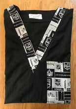 Load image into Gallery viewer, Solid Black Scrub Top with LA KINGS Hockey Fabric on *Neck Band & Pocket Options* Medical Scrub Top Unisex Style Shirt for Men & Women