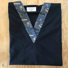 Load image into Gallery viewer, Solid Black Scrub Top with Vegas Golden Knights Hockey Fabric on *Neck Band & Pocket Options* Medical Scrub Top Unisex Style Shirt for Men & Women