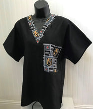 Load image into Gallery viewer, Solid Black Scrub Top with Vegas Golden Knights Hockey Fabric on *Neck Band & Pocket Options* Medical Scrub Top Unisex Style Shirt for Men & Women