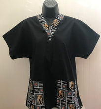 Load image into Gallery viewer, Solid Black Scrub Top with Vegas Golden Knights Hockey Fabric on *Neck Band & Pocket Options* Medical Scrub Top Unisex Style Shirt for Men & Women