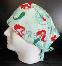 Load image into Gallery viewer, Little Mermaid Ariel Flounder Sebastian Green Fabric Unisex Medical Surgical Scrub Caps Men & Women Tie Back and Bouffant Hat Styles