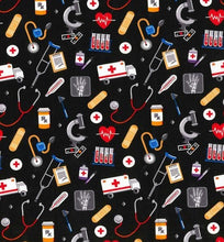 Load image into Gallery viewer, Medical Theme Nurse Supplies X-ray Band aid RX Fabric Unisex Medical Surgical Scrub Caps Men & Women Tie Back Bouffant Hat Styles