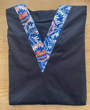 Load image into Gallery viewer, Solid Black Scrub Top with New York Mets Baseball Fabric on *Neck Band & Pocket Options* Medical Scrub Top Unisex Style Shirt for Men & Women
