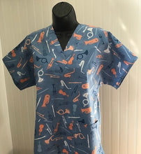 Load image into Gallery viewer, Musical Instruments on Blue Nurse Medical Scrub Top Unisex Style for Men & Women