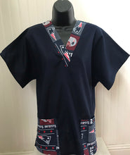 Load image into Gallery viewer, Solid NAVY BLUE Scrub Top with New England Patriots Football Fabric on *Neck Band & Pocket Options* Relaxed Style Unisex Mens Scrub Top Womens Scrub Top
