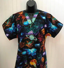 Load image into Gallery viewer, Outer Space Medical Scrub Top Galaxy Solar System Planets & Stars Unisex Style for Men & Women
