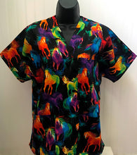 Load image into Gallery viewer, Painted Horses Medical Scrub Top Bright Colorful Running Unisex Style for Men & Women