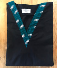 Load image into Gallery viewer, Solid Black Scrub Top with Philadelphia Eagles Retro Football Fabric on *Neck Band & Pocket Options* Medical Scrub Top Unisex Style Shirt for Men & Women