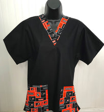 Load image into Gallery viewer, Solid Black Scrub Top with Philadelphia Flyers Hockey Fabric on *Neck Band & Pocket Options* Medical Scrub Top Unisex Style Shirt for Men & Women