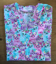 Load image into Gallery viewer, Cats Medical Scrub Top Pretty Kitty Cats Blue Purple Pink Flowers Unisex Style for Men & Women