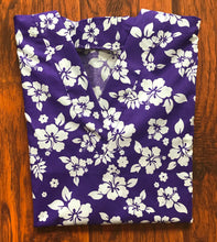 Load image into Gallery viewer, Hawaiian Medical Scrub Top Tropical Hibiscus Flower Purple White Unisex Style for Men & Women